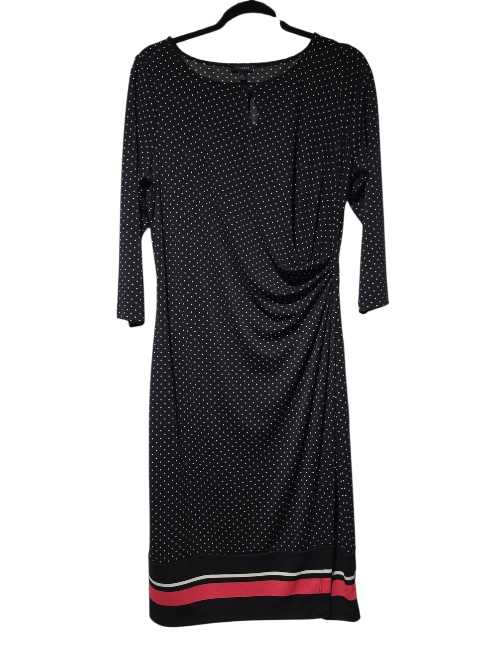 Talbots Black Polka Dot Midi Dress with Red Stripe Hem